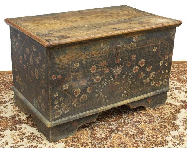 Appraisal: Paint decorated pine blanket chest storage trunk th c rectangular