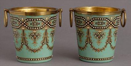 Appraisal: PAIR OF FRENCH GREEN-GROUND ENAMEL TUBS Each with pearlwork black