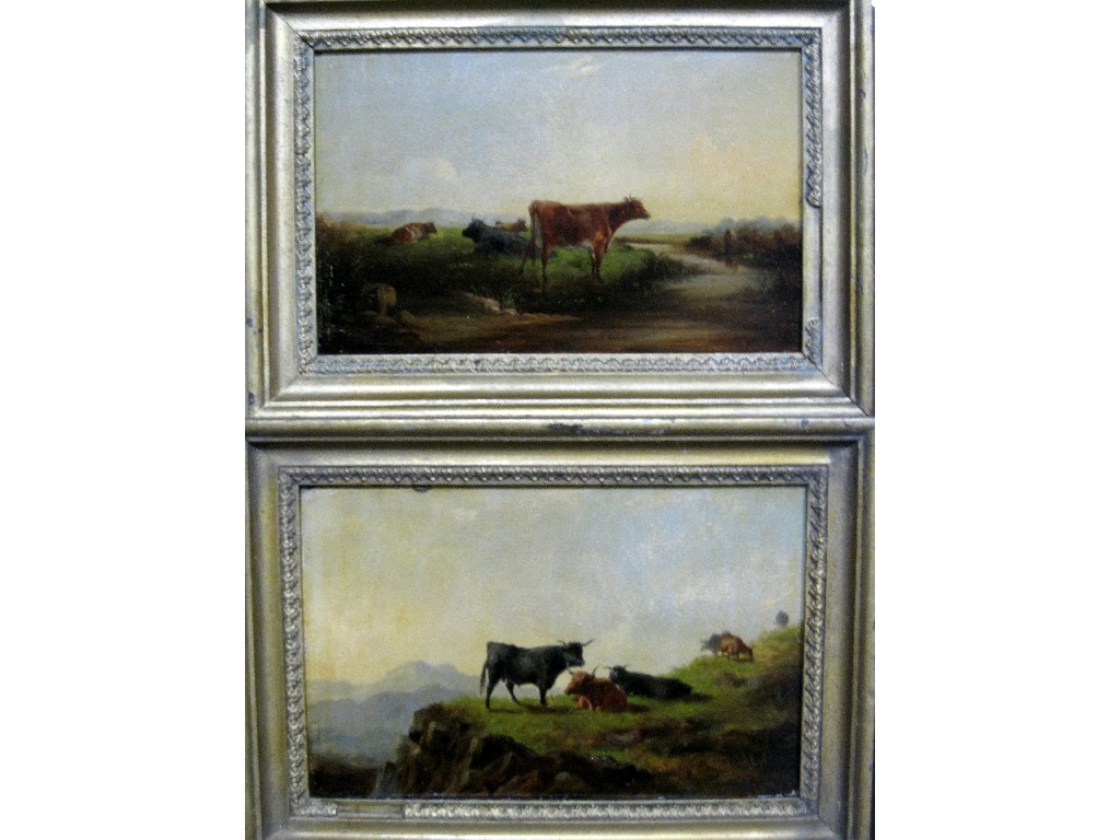 Appraisal: Pair of oil on board landscapes with cattle both indistinctly