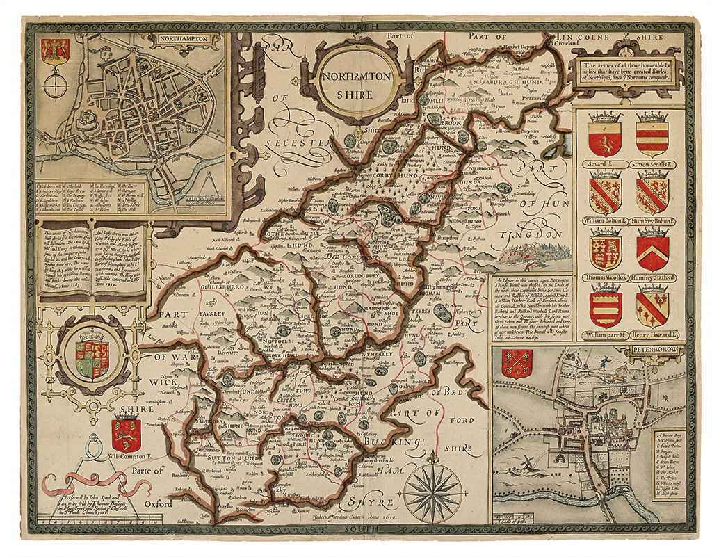 Appraisal: SPEED JOHN Northamtonshire Double-page engraved map with inset views of