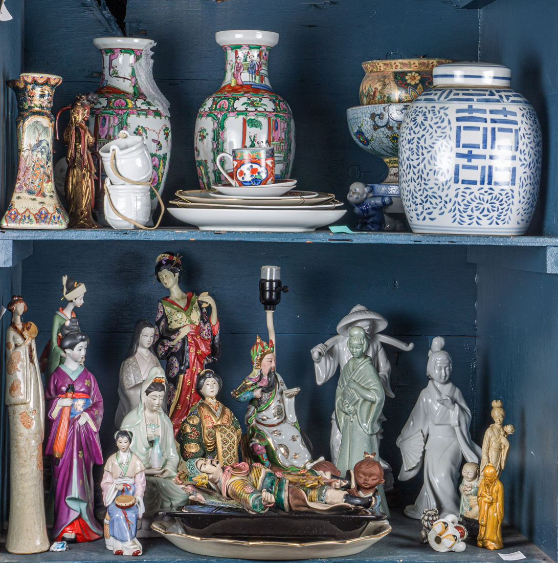 Appraisal: TWO SHELVES OF ASIAN CERAMICS INCLUDING PAIR OF ROSE CANTON