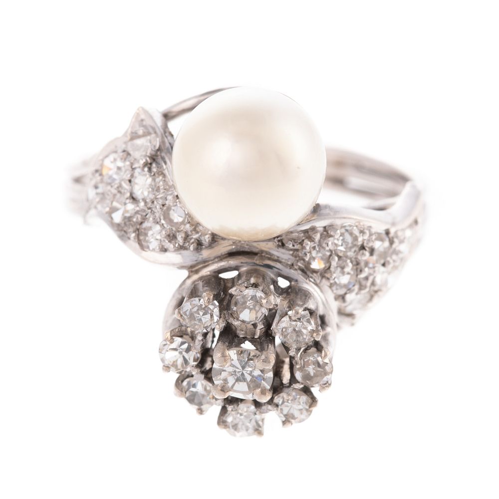 Appraisal: A Mid-Century Pearl Diamond Bypass Ring in K K white