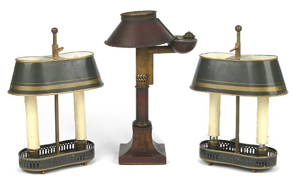 Appraisal: A pair of tole bouillotte lamps together with another tole