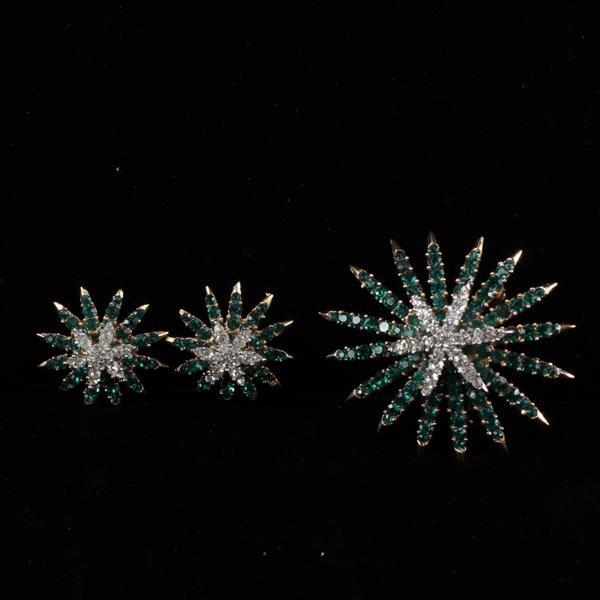 Appraisal: Trifari pc Green Pave Starburst Brooch Pin Clip Earrings H