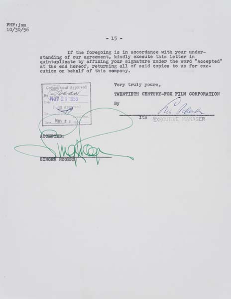 Appraisal: GINGER ROGERS Contract signed by Rogers for Oh Men Oh