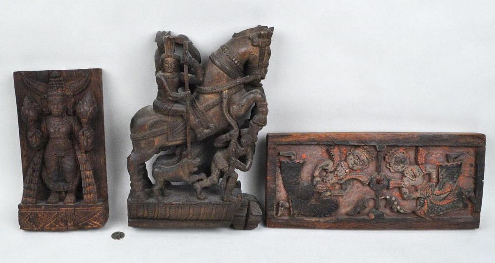 Appraisal: Group Three Javanese Wood Temple Carvings Largest high wide Age