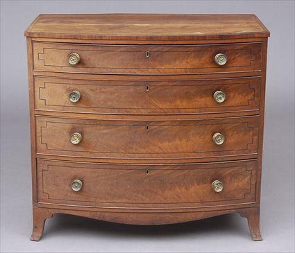 Appraisal: REGENCY INLAID MAHOGANY BOW-FRONTED CHEST OF DRAWERS The ebonized line-inlaid