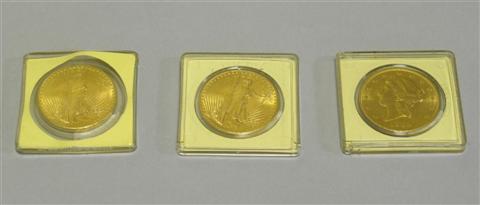 Appraisal: THREE U S TWENTY DOLLAR GOLD COINS Including San Francisco