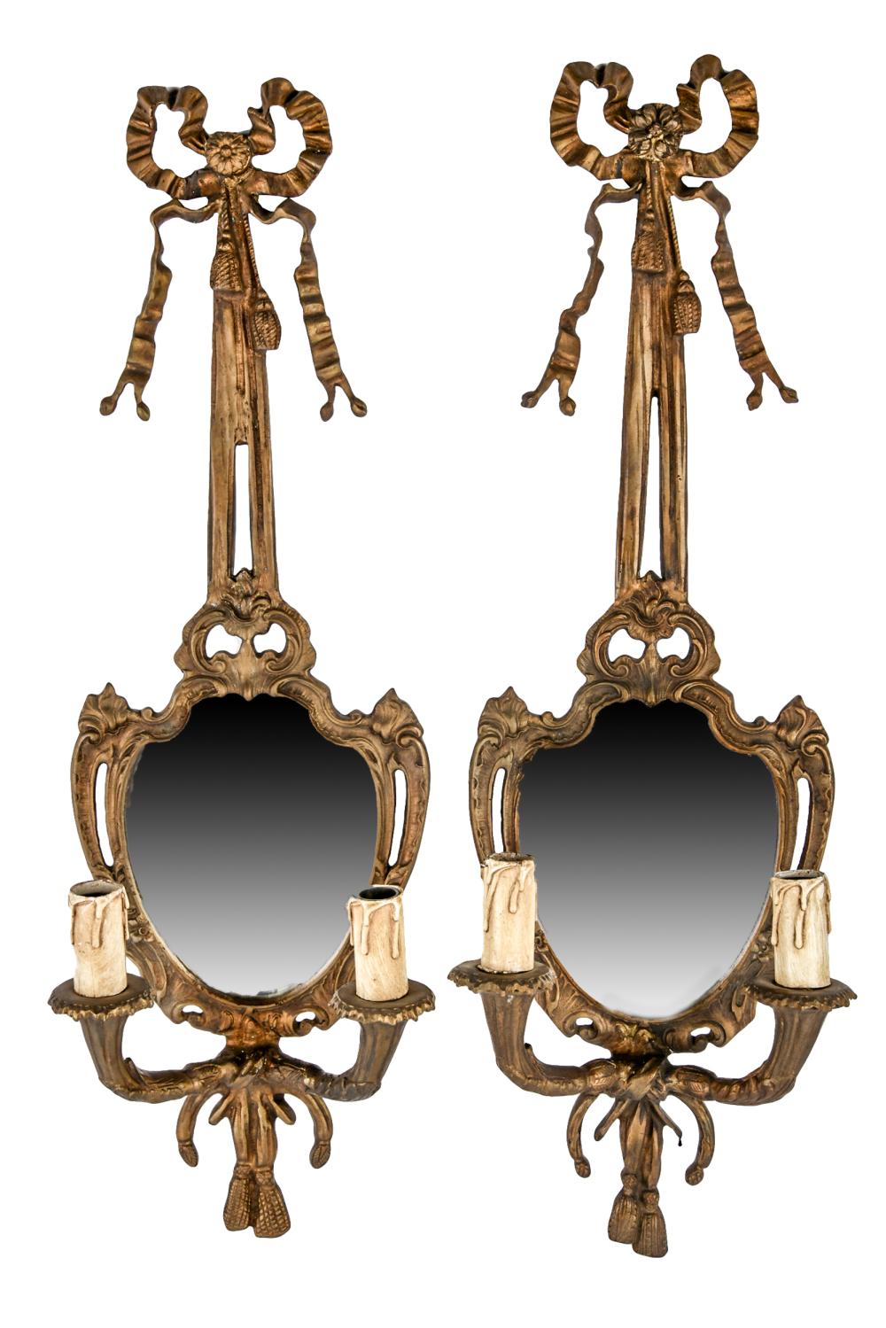 Appraisal: PAIR OF BRONZE MIRRORED SCONCESeach with two lights inches wide