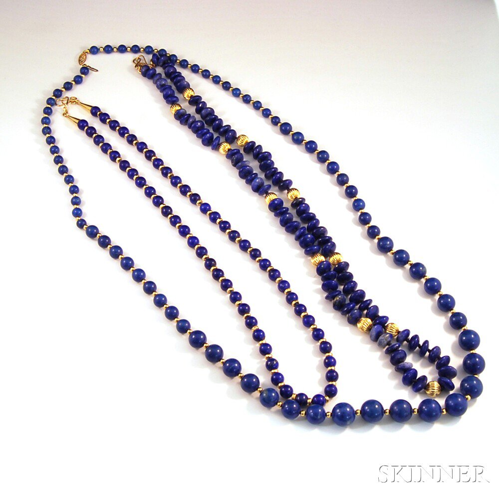 Appraisal: Three Blue Hardstone Bead Necklaces two lapis and one sodalite