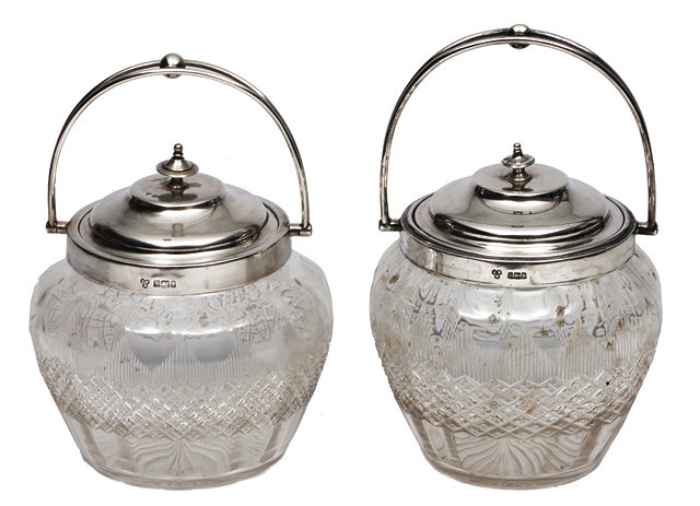 Appraisal: TWO SIMILAR WILLIAM WHEATCROFT HARRISON CUT GLASS BISCUIT BARRELS each