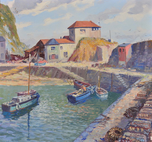 Appraisal: E KEALEYBoats moored in a tranquil harbour signed oils on