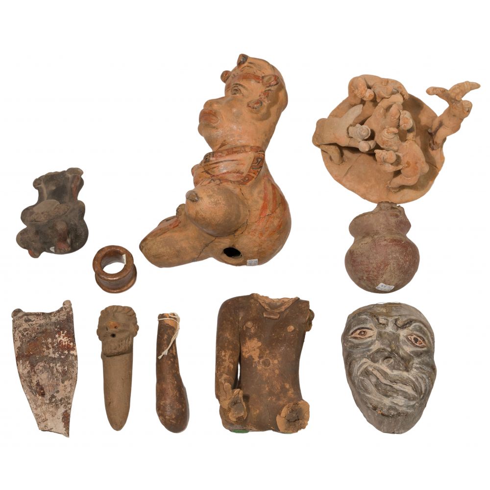 Appraisal: PRE-COLUMBIAN POTTERY ASSORTMENT items including a reconstructed sitting female a