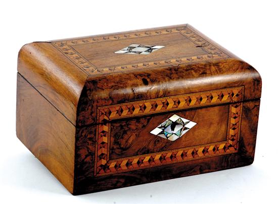 Appraisal: English inlaid burl walnut trinket box late th century parquetry