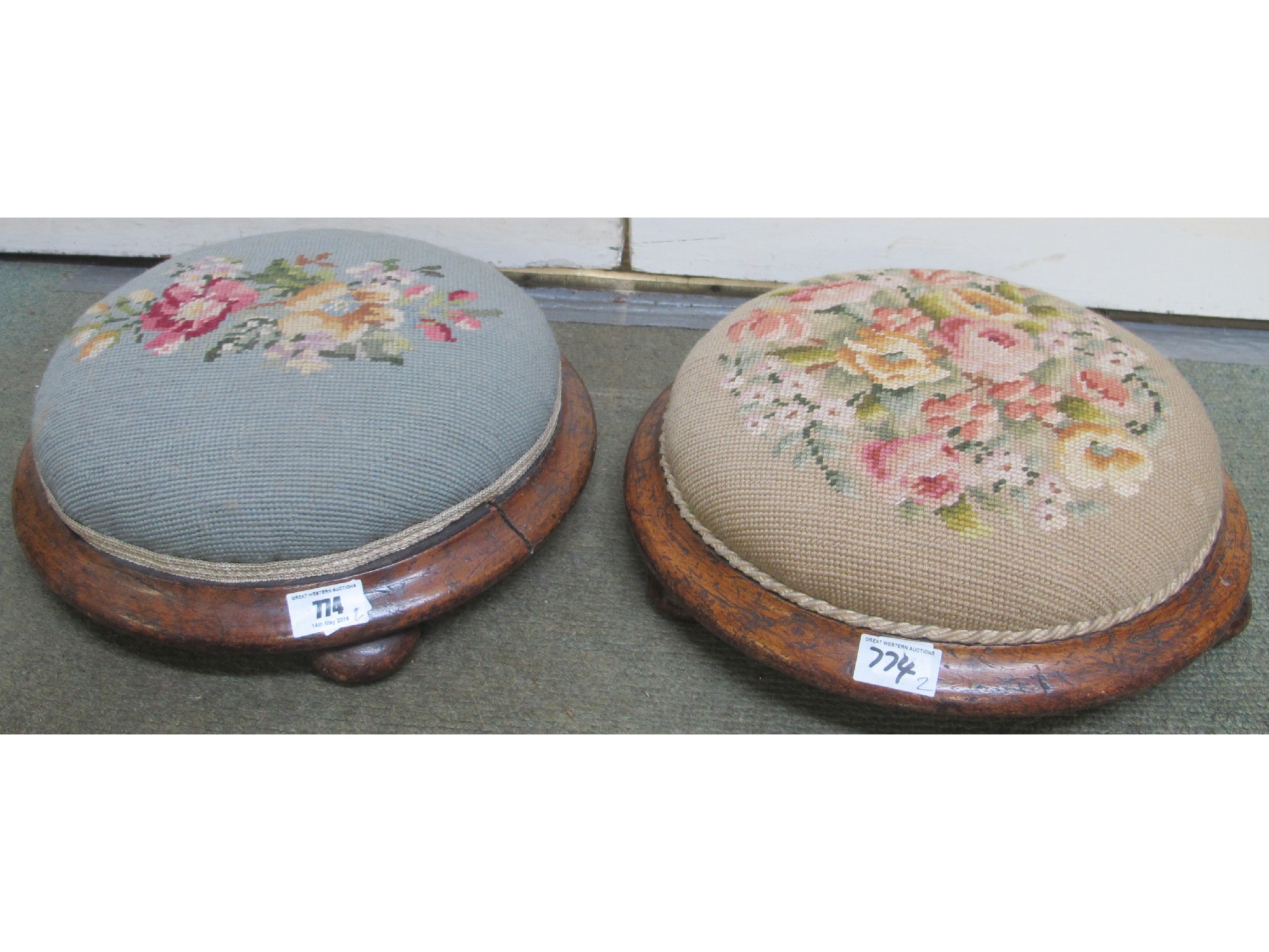 Appraisal: Two Victorian mahogany tapestry footstools