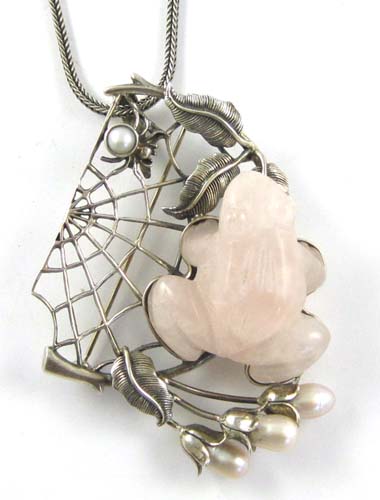 Appraisal: STERLING SILVER BROOCH WITH PINK QUARTZ FROG AND CULTURED PEARLS