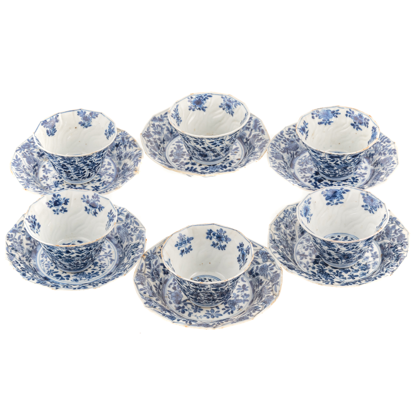 Appraisal: SIX CHINESE EXPORT BLUE WHITE CUPS SAUCERS Kang Xi circa