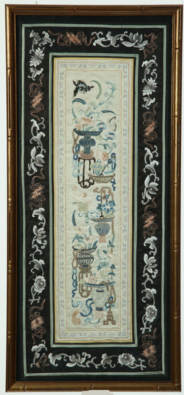 Appraisal: SEVEN EMBROIDERY PANELS China th century silk on silk Six