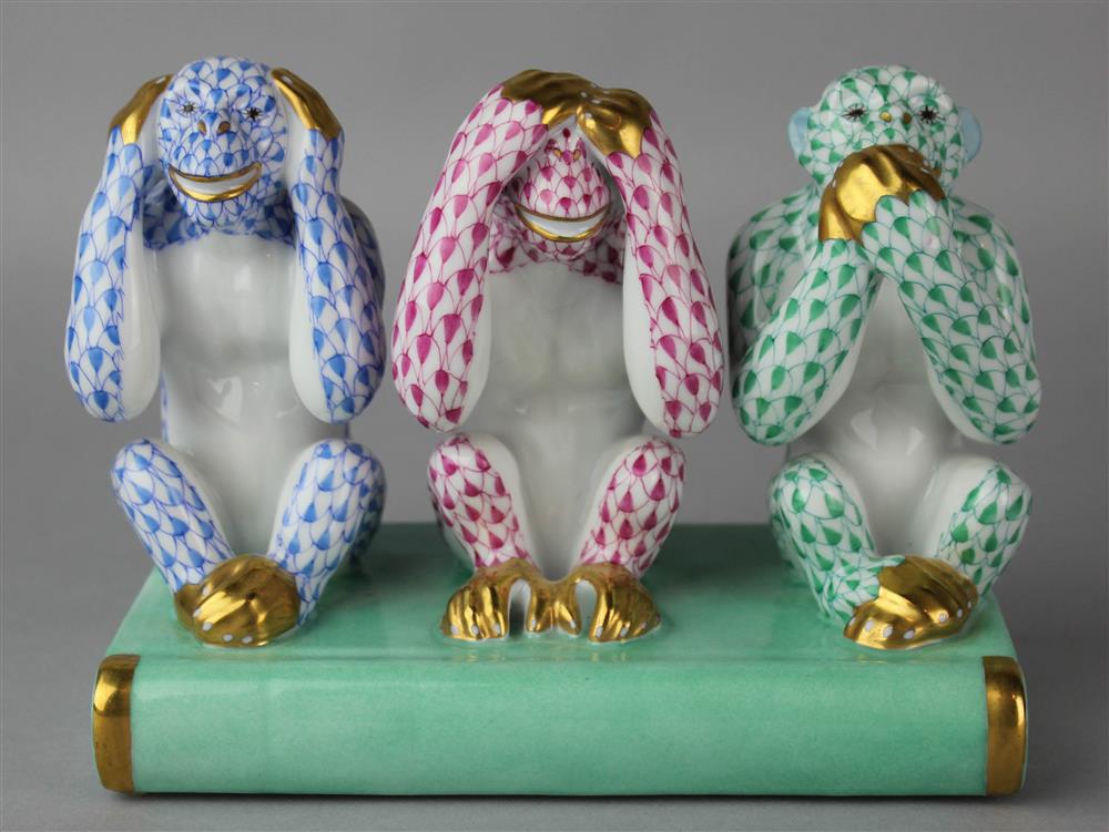 Appraisal: HEREND PORCELAIN GROUP OF MONKEYS blue printed and incised marks