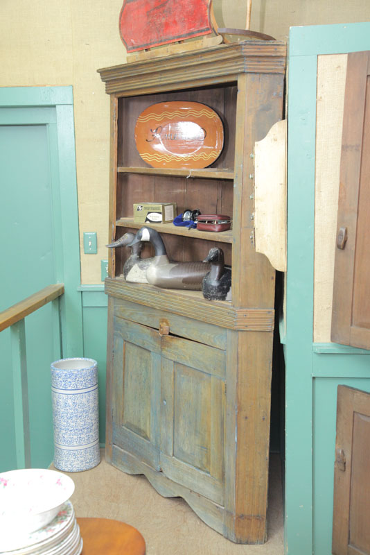 Appraisal: CORNER CUPBOARD Open top cupboard with blue wash lower paneled