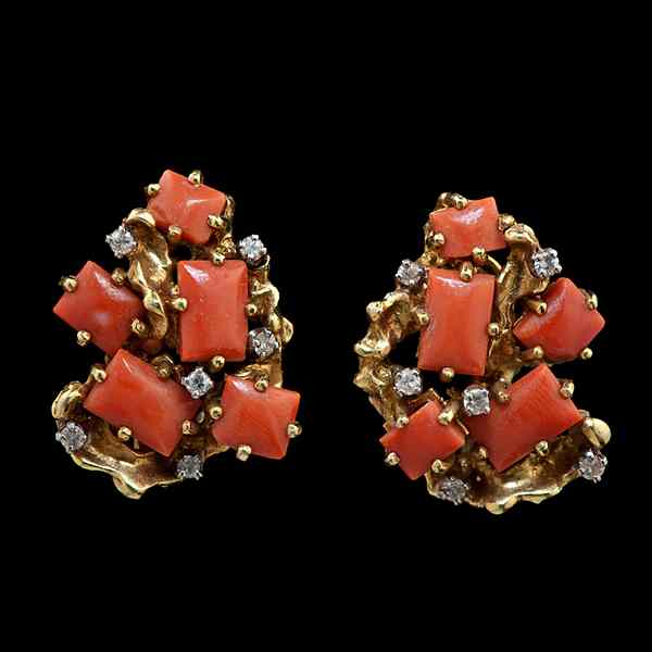 Appraisal: k Diamond and Salmon Coral Earrings k yellow gold salmon