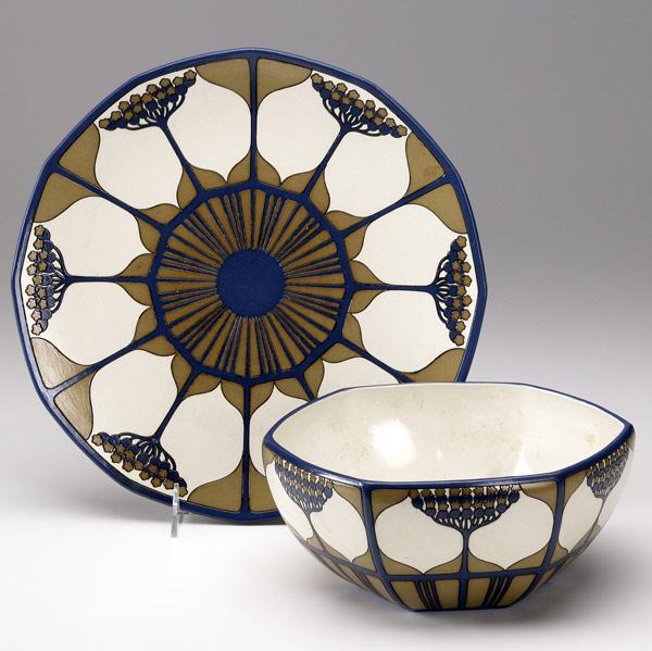 Appraisal: METTLACH Charger and faceted bowl decorated in a floral pattern