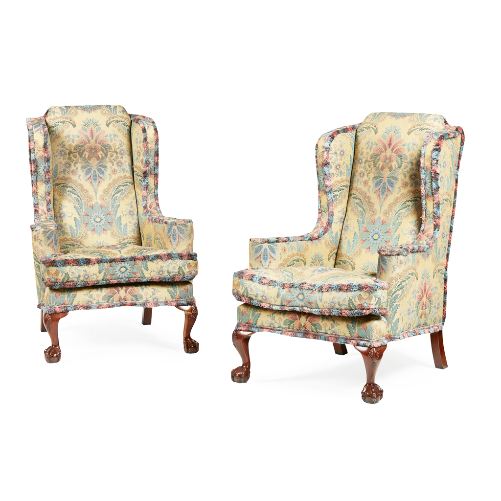 Appraisal: PAIR OF GEORGE I STYLE WING ARMCHAIRS BY LIBERTY CO