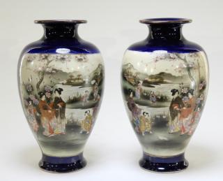 Appraisal: PR Japanese Satsuma Porcelain Cobalt Vases JAPAN CIRCA A pair