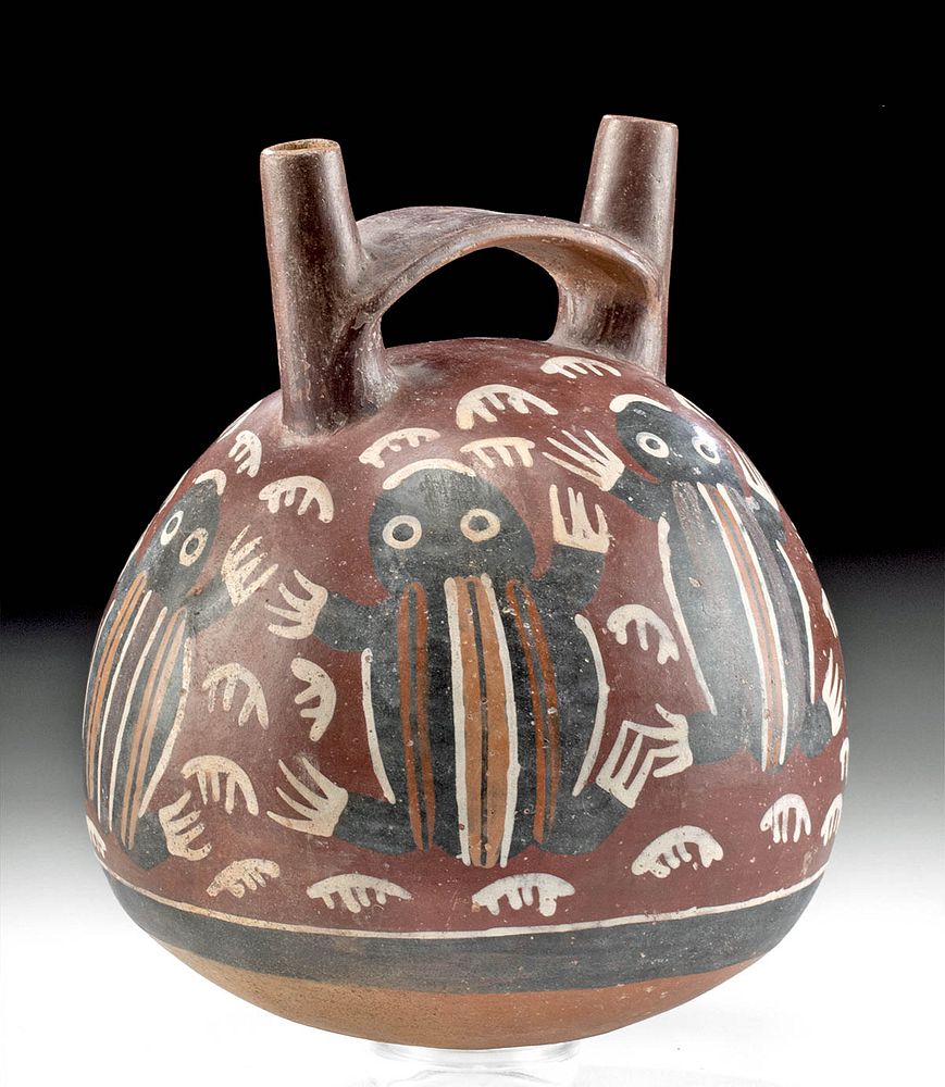 Appraisal: Nazca Polychrome Bridge Spout Vessel Frogs ex-Museum Pre-Columbian South Coast