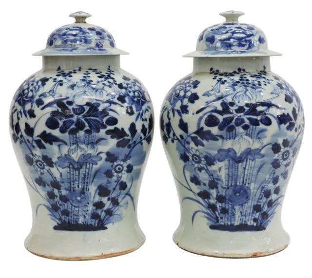 Appraisal: pair Chinese blue and white porcelain lidded temple jars decorated