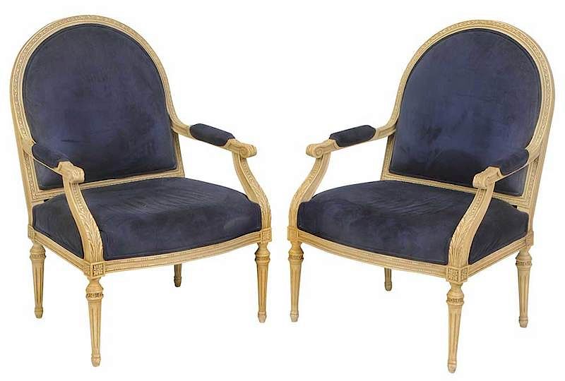 Appraisal: Pair Louis XVI Style Upholstered Open Armchairs th century carved