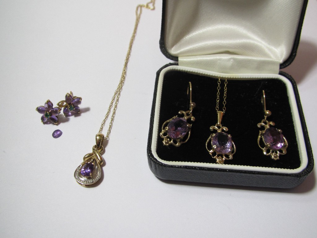 Appraisal: Pair of ct amethyst scrollwork earrings and pendant on chain