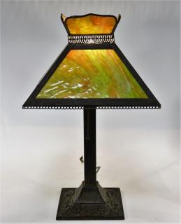 Appraisal: American Art Nouveau Slag Glass Patinated Lamp UNITED STATES EARLY