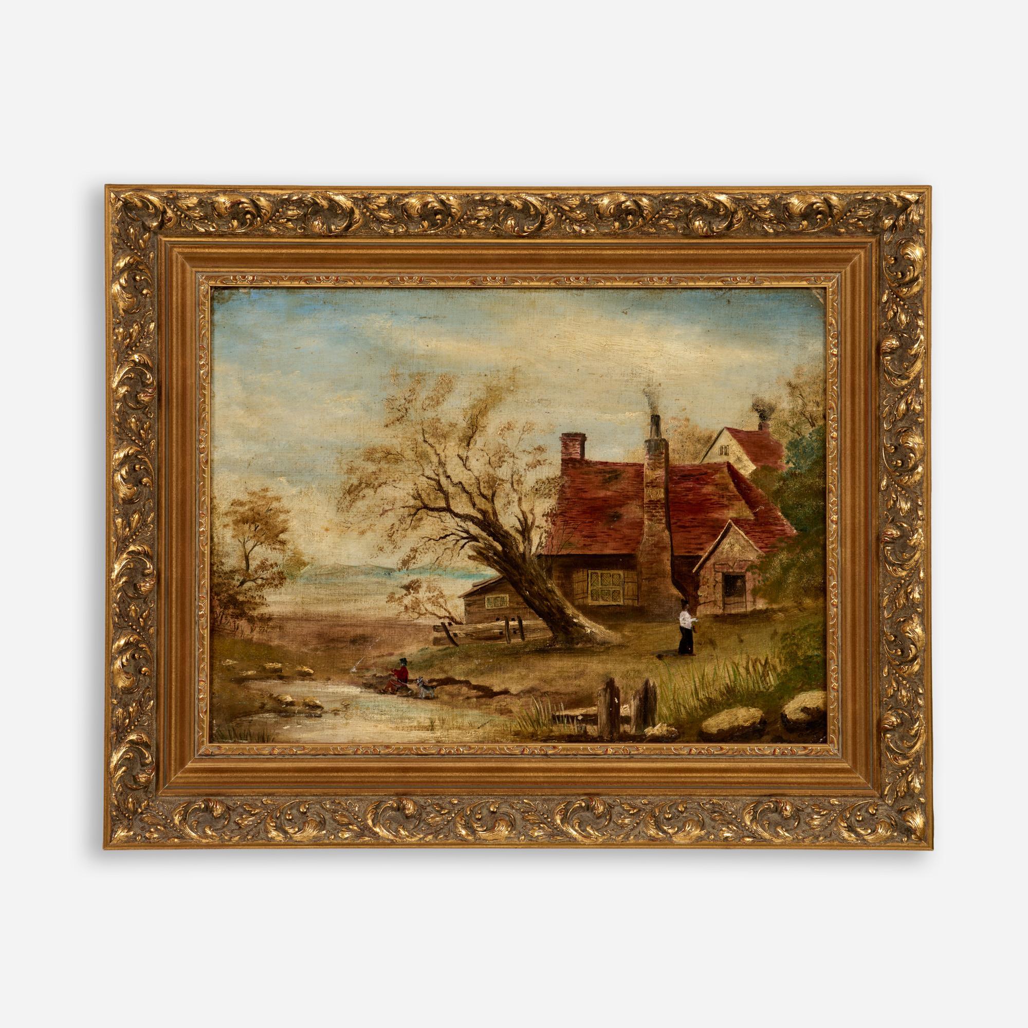 Appraisal: ANTIQUE ENGLISH SCHOOL OIL COUNTRYSIDE COTTAGE An English oil on