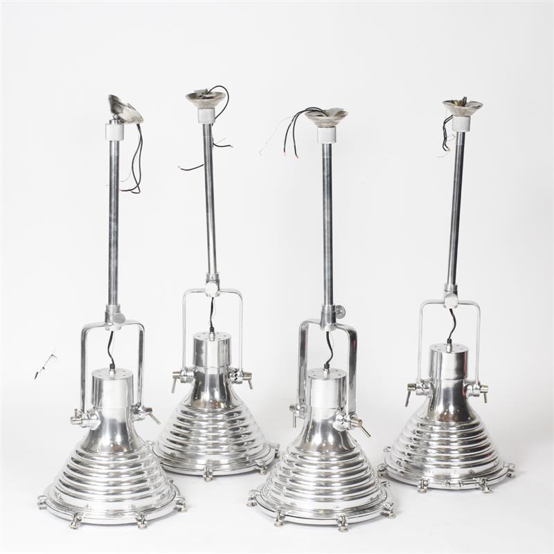 Appraisal: Set of four contemporary modern industrial chrome pendant light fixtures