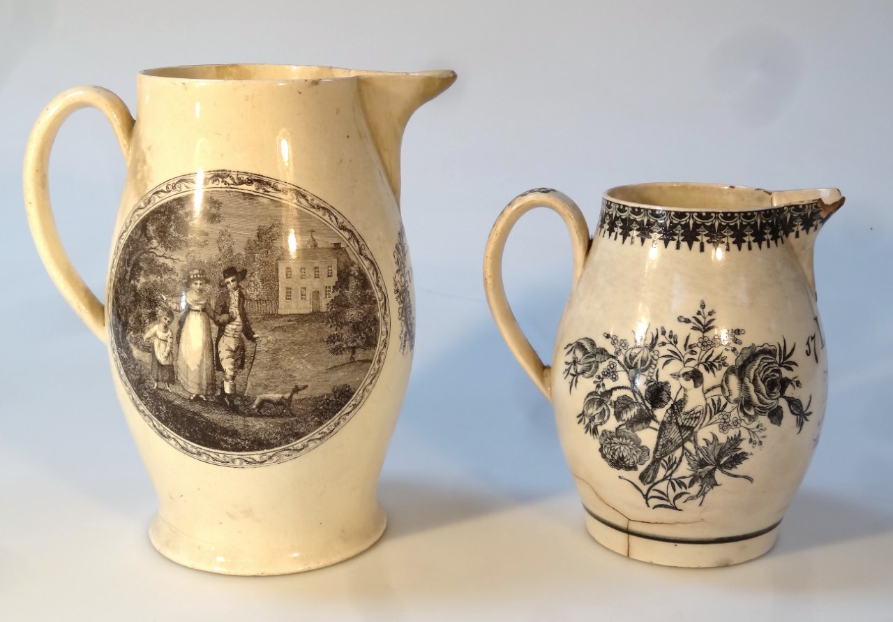 Appraisal: An thC Staffordshire Creamware ale jug the bulbous body transfer