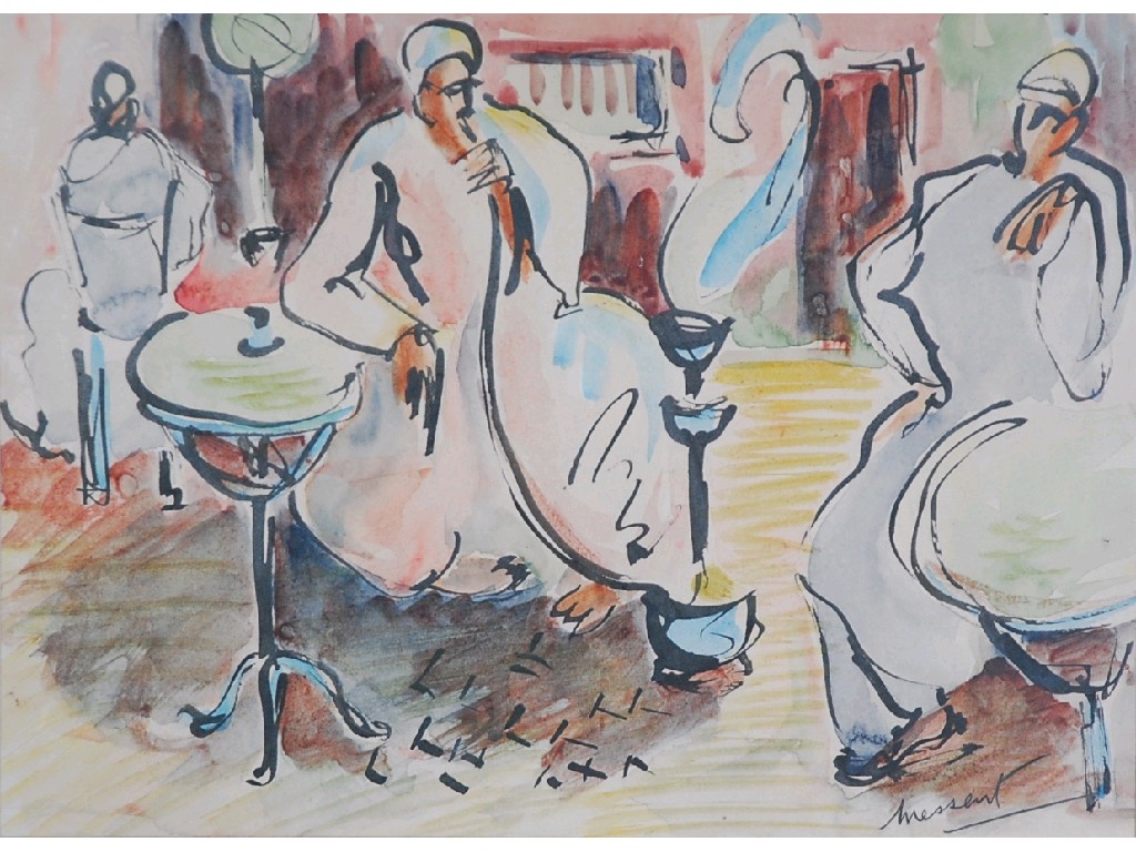 Appraisal: CHARLES MESSENT twentieth century WATERCOLOUR Figures in Eastern Coffee House