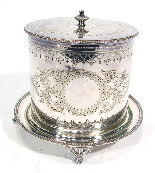 Appraisal: Elkington cylindrical silver plated biscuit barrel and cover with chased