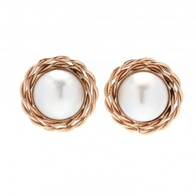 Appraisal: Gold and Mab Pearl Earrings Centering on a round mab