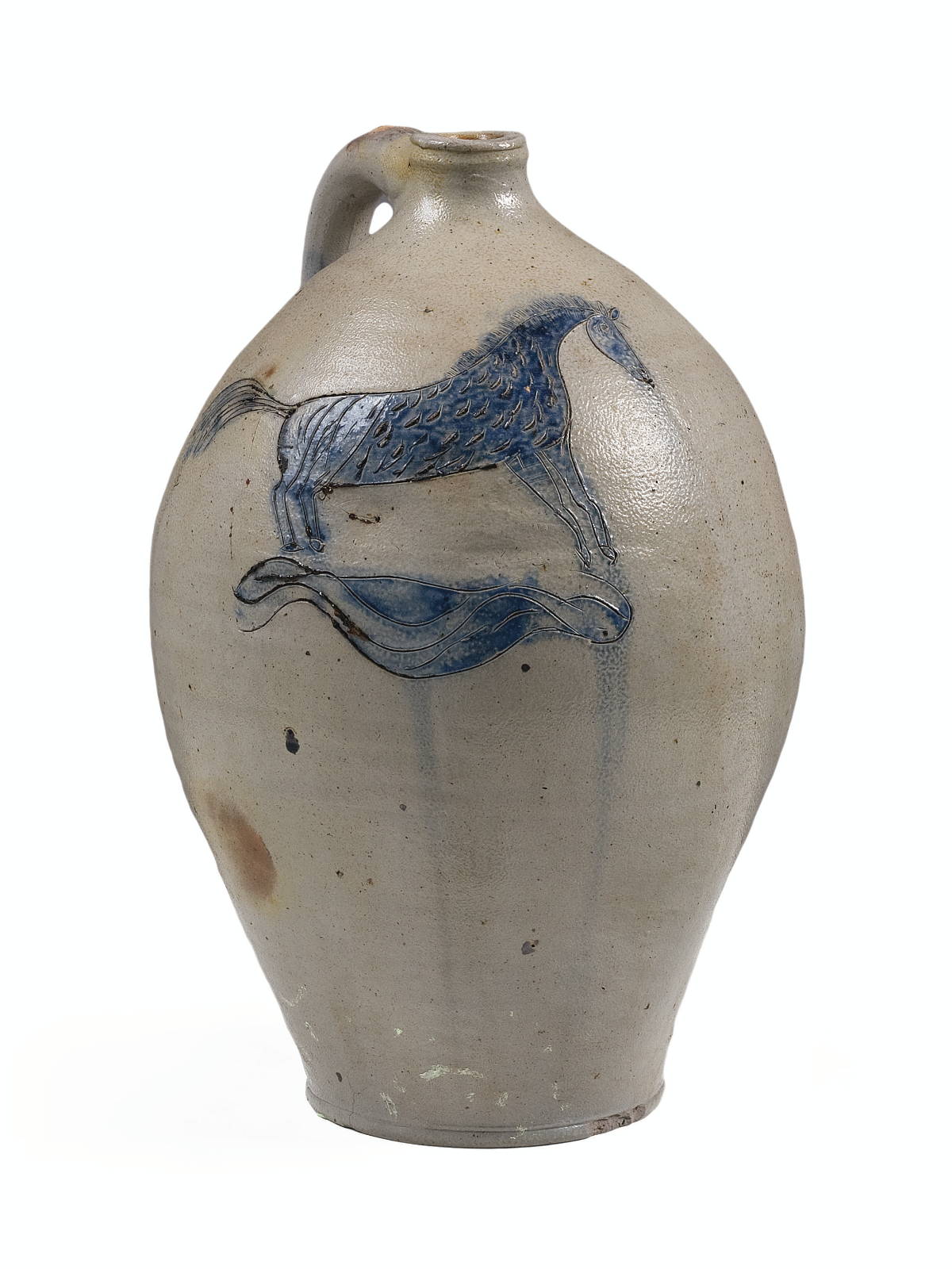 Appraisal: AMERICAN COBALT BLUE-DECORATED SALTGLAZE STONEWARE JUG INCISED WITH A HORSE