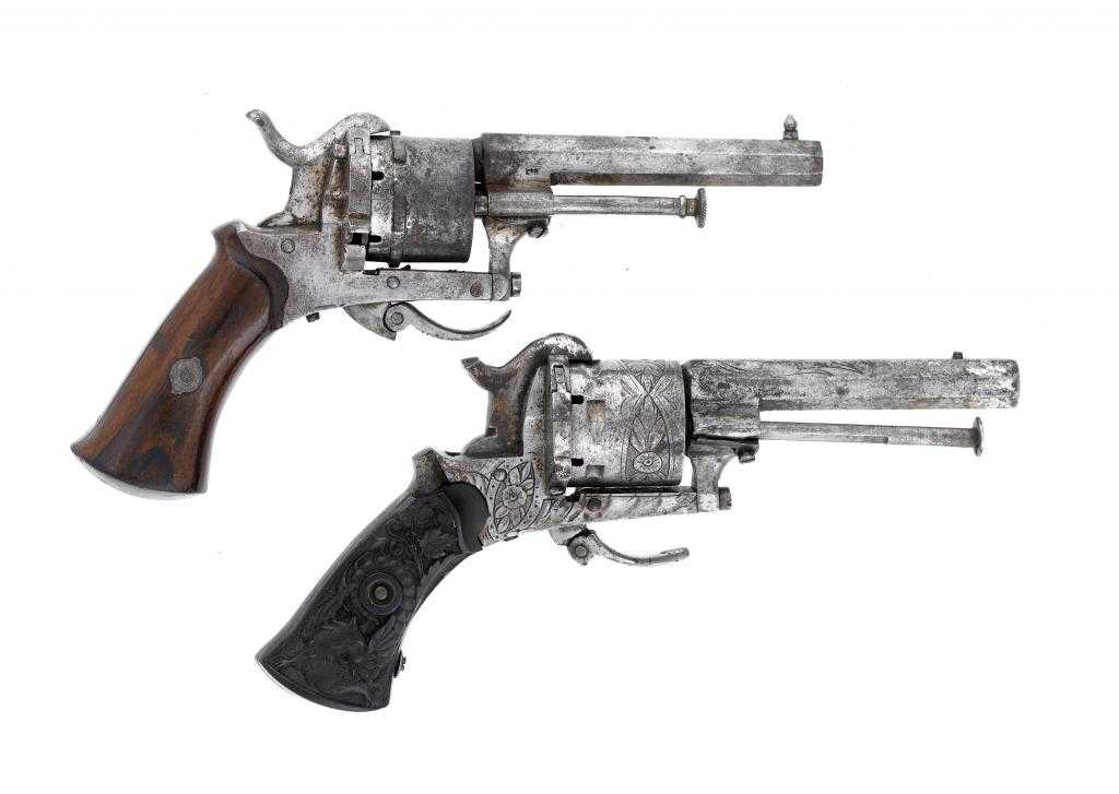 Appraisal: TWO BELGIAN MM SHOT PINFIRE REVOLVERS the barrel cylinder and