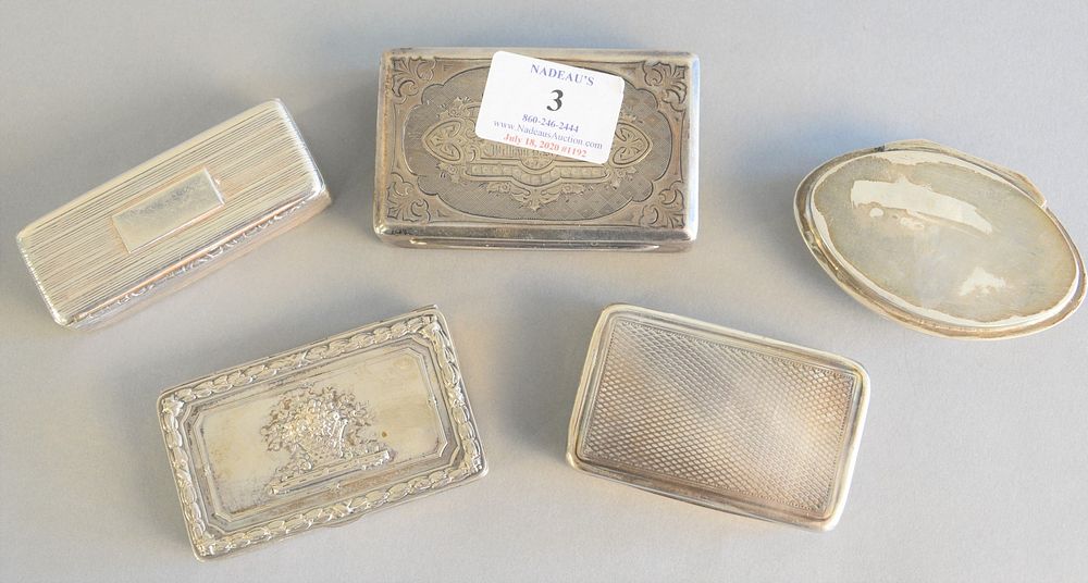 Appraisal: Five silver snuff or tobacco boxes having hinged covers to