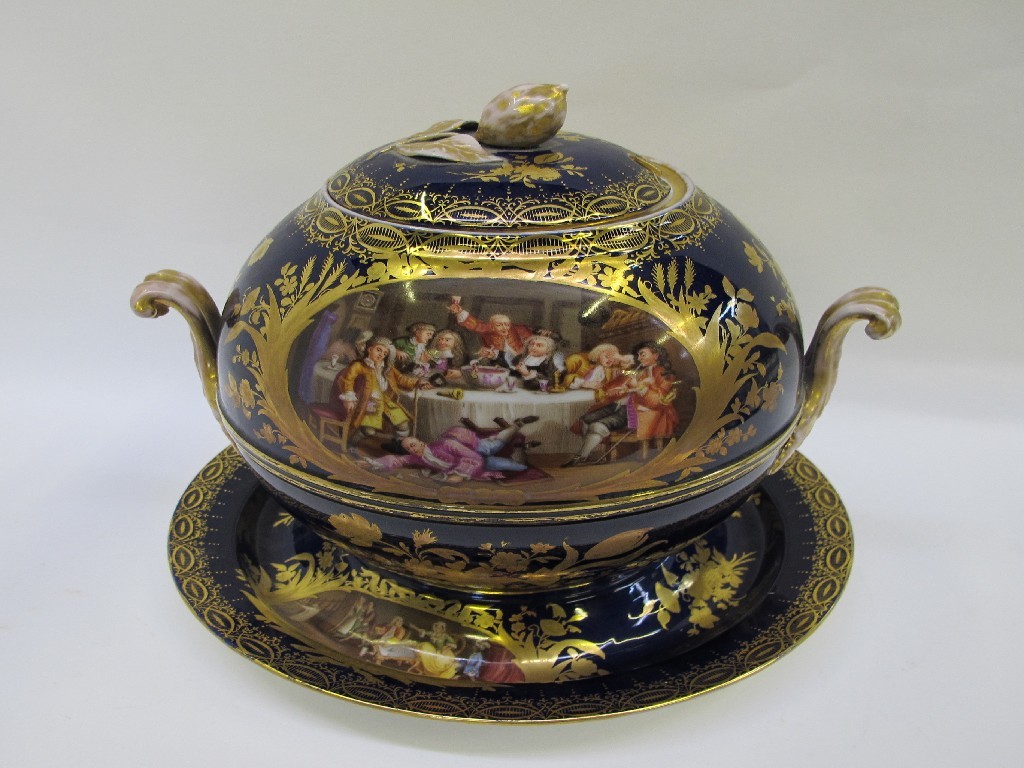 Appraisal: Continental porcelain tureen cover and stand painted with scenes of