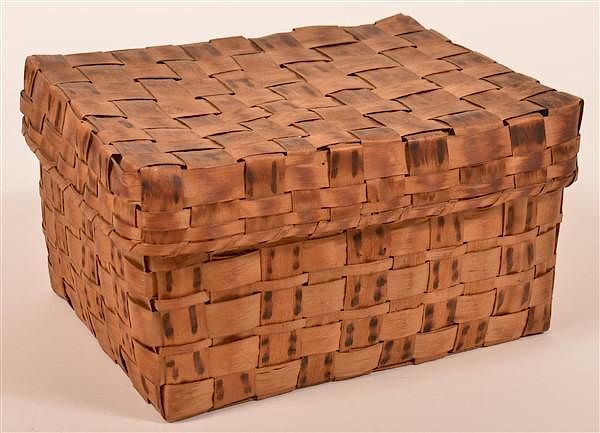 Appraisal: Woven Ash Splint Basket with Dyed Decoration Woven Ash Splint