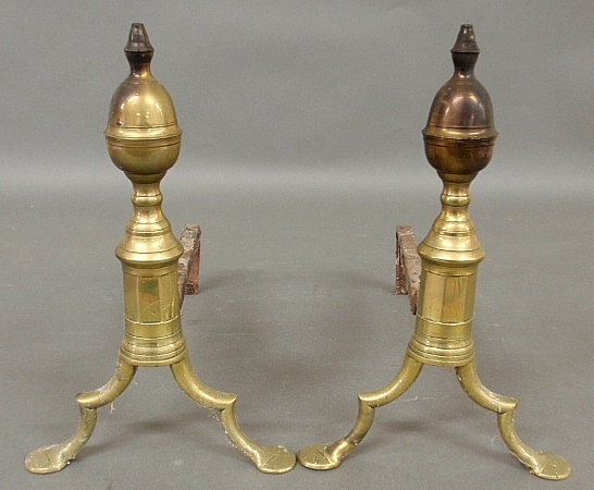 Appraisal: - Pair of Federal brass andirons with penny feet c