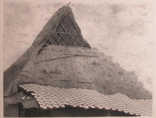 Appraisal: Ruined Farmhouse No Ryohi Tanaka Japanese b etching and aquatint