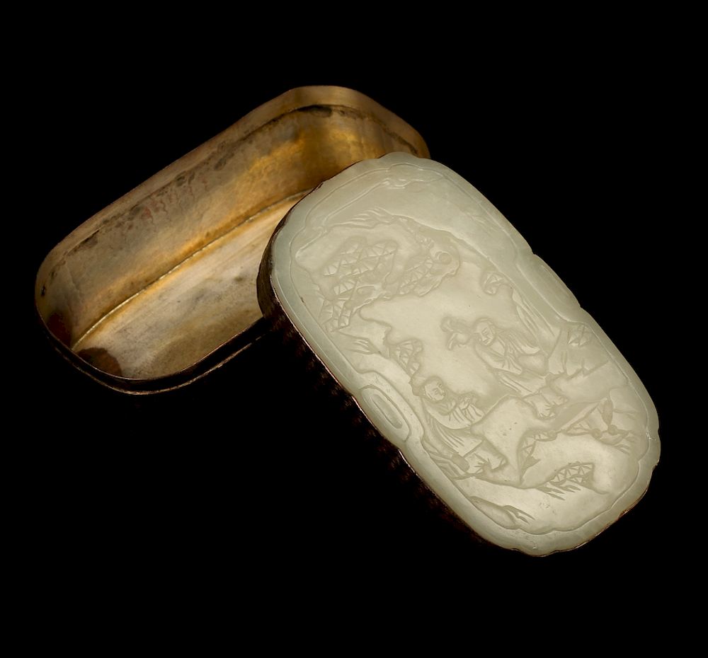 Appraisal: CELADON JADE-INSET METAL BOX AND COVER QING The detachable cover