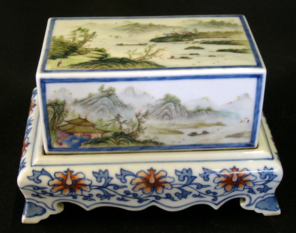 Appraisal: Unusual Chia Ching Blue-and-White Three-Piece Footed and Covered Porcelain Scholar's