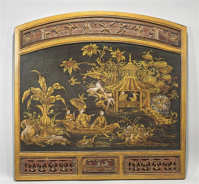 Appraisal: Chinese painted wood panel depicting gilt figures in a boat