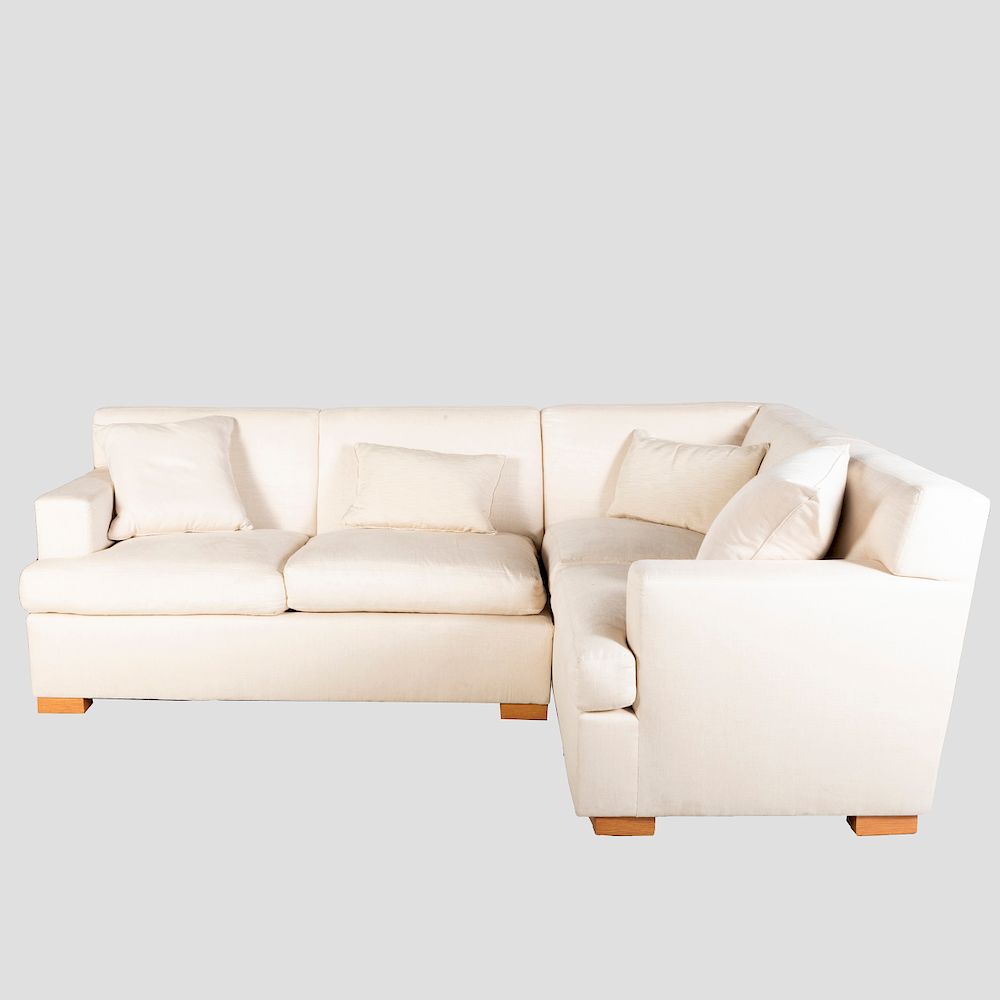 Appraisal: Modern Cream Linen Upholstered Sectional Sofa In two parts x